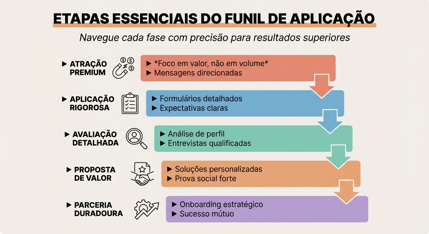 Infográfico sequencial mostrando 5 etapas do Funil de Aplicação em blocos coloridos (salmão, azul, água, laranja, lilás) sobre fundo off-white. Título 'Etapas Essenciais do Funil de Aplicação'. Cada bloco tem um título em negrito e bullet points descritivos, como 'ATRAÇÃO PREMIUM', 'APLICAÇÃO RIGOROSA', 'AVALIAÇÃO DETALHADA', 'PROPOSTA DE VALOR', 'PARCERIA DURADOURA'.
