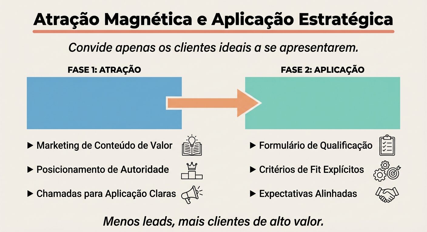 Infográfico educativo em tons pastel, com o título "Atração Magnética e Aplicação Estratégica" e subtítulo "Convide apenas os clientes ideais a se apresentarem". Mostra duas fases conectadas: Atração, com bullet points sobre marketing de conteúdo e autoridade; e Aplicação, com pontos sobre formulário de qualificação e critérios de fit. Inclui ícones simples e texto em português.