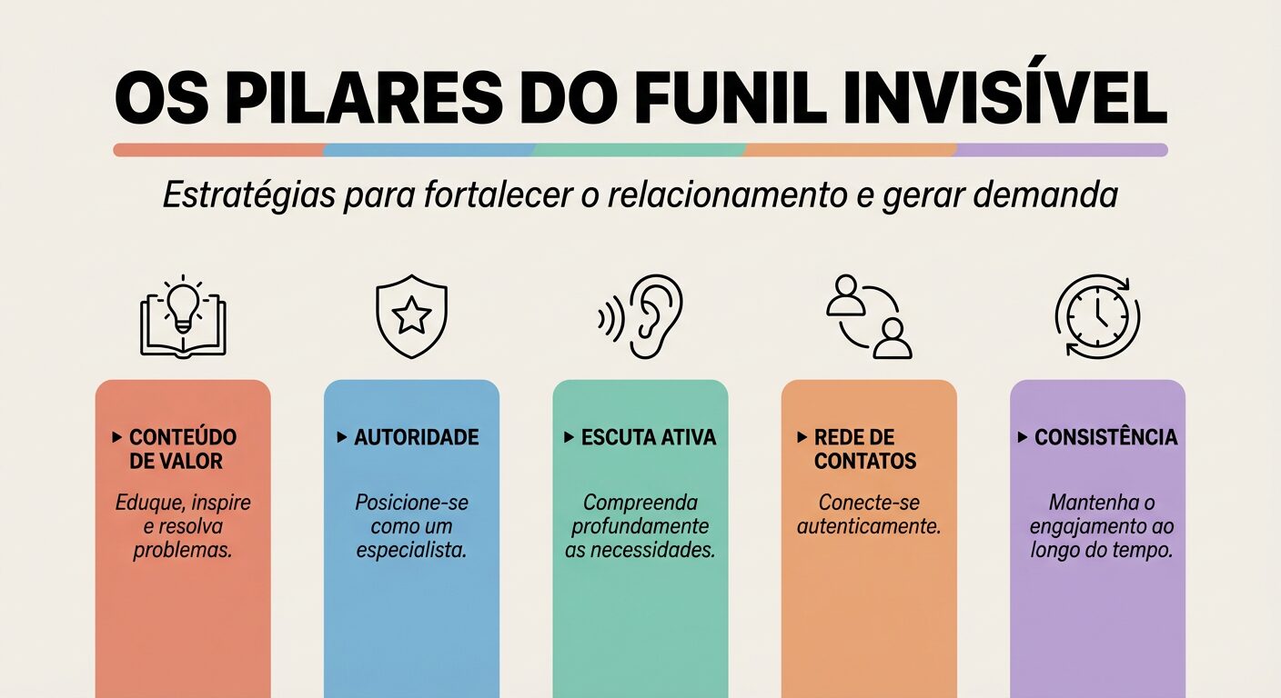 Infográfico educacional em off-white mostrando cinco pilares coloridos: Conteúdo de Valor, Autoridade, Escuta Ativa, Rede de Contatos e Consistência. Cada pilar é ilustrado com um ícone e uma frase explicativa, representando as estratégias do Funil Invisível para vendas B2B.