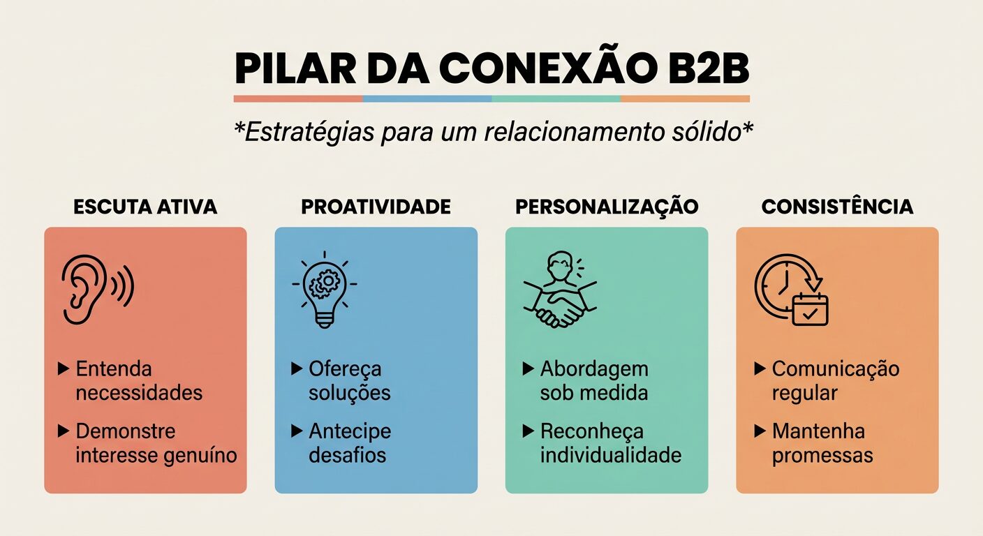 Infográfico educativo mostrando quatro pilares da conexão B2B: Escuta Ativa, Proatividade, Personalização e Consistência. Cada pilar é representado por um bloco colorido com texto e ícones simples, sobre um fundo off-white.