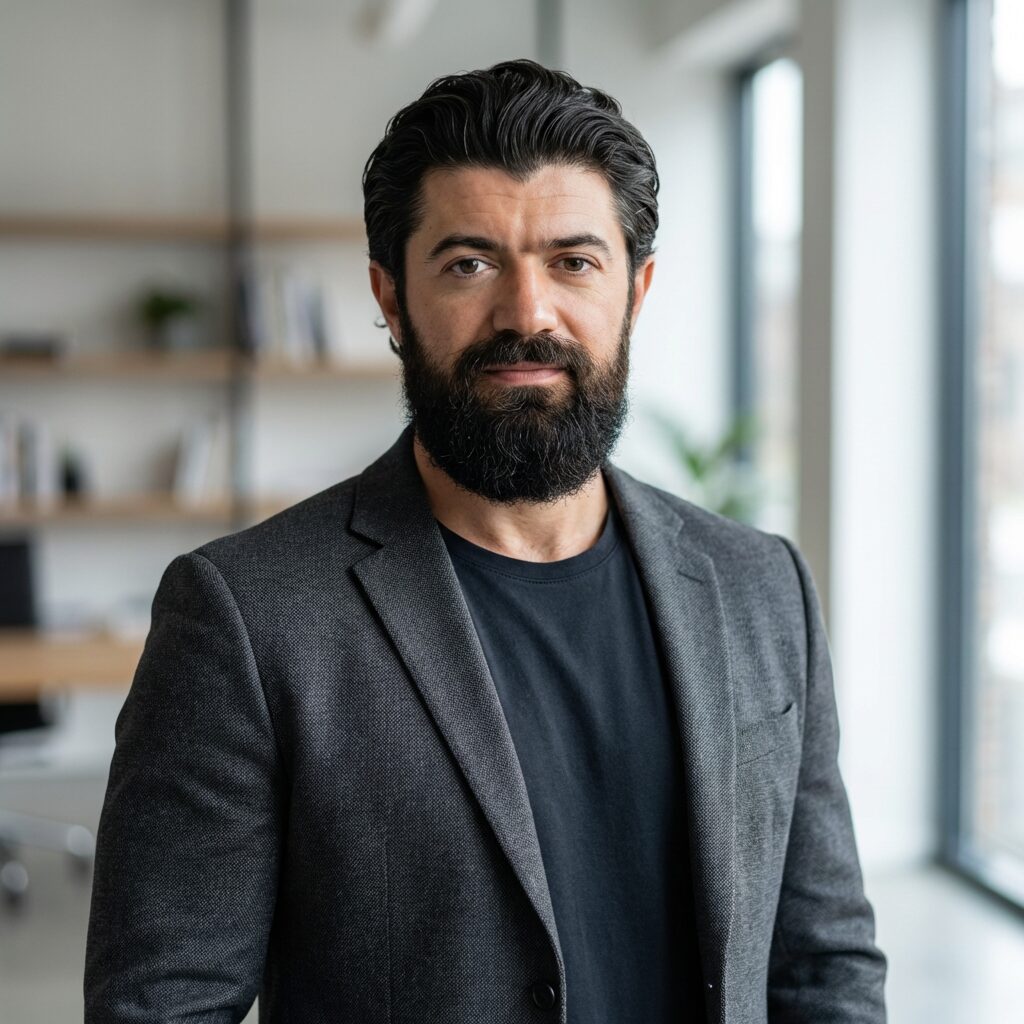 Foto editorial de Alex Hormozi, autor e especialista em estratégias de vendas, com uma expressão confiante e profissional, em um cenário de escritório moderno. A imagem representa expertise e liderança em pensamento no contexto B2B.