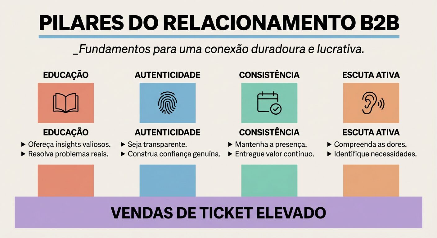 Um infográfico com quatro pilares essenciais para o relacionamento B2B: Educação, Autenticidade, Consistência e Escuta Ativa. Cada pilar é ilustrado com um ícone e descrições curtas, levando ao resultado de Vendas de Ticket Elevado na base.
