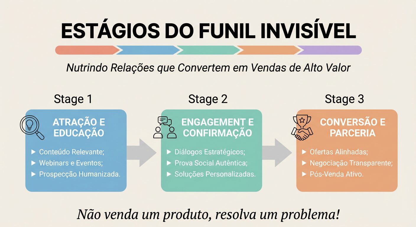 Infográfico educativo detalhando os estágios do 'Funil Invisível' para vendas B2B, com foco em atração, educação, engajamento e conversão, ilustrando como nutrir relacionamentos para alto valor.