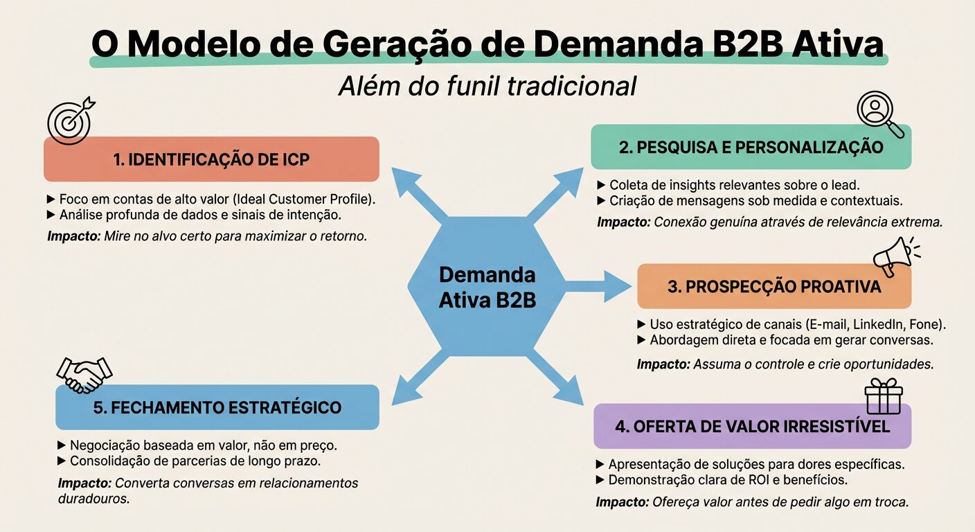 Infográfico educativo com o título "O Modelo de Geração de Demanda B2B Ativa" e subtítulo "Além do funil tradicional". O hexágono central "Demanda Ativa B2B" irradia para cinco blocos coloridos: "Identificação de ICP", "Pesquisa e Personalização", "Prospecção Proativa", "Oferta de Valor Irresistível" e "Fechamento Estratégico", cada um com um ícone simples.