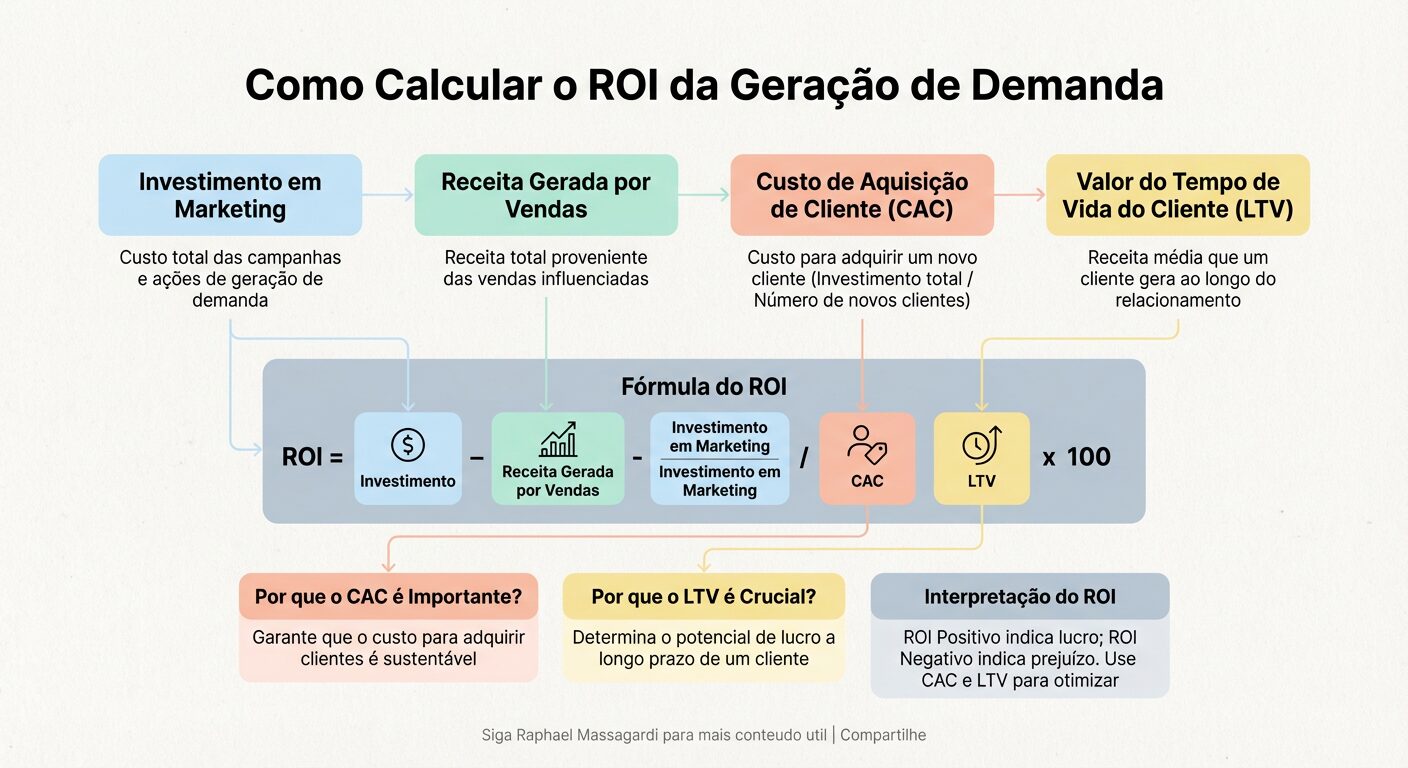 Infográfico clean e didático em tons pastel, detalhando 'Como Calcular o ROI da Geração de Demanda'. Blocos conectados representam etapas e métricas como 'Investimento em Marketing', 'Receita Gerada por Vendas', 'Custo de Aquisição de Cliente (CAC)' e 'Valor do Tempo de Vida do Cliente (LTV)', com tipografia sans-serif e muito espaço em branco.