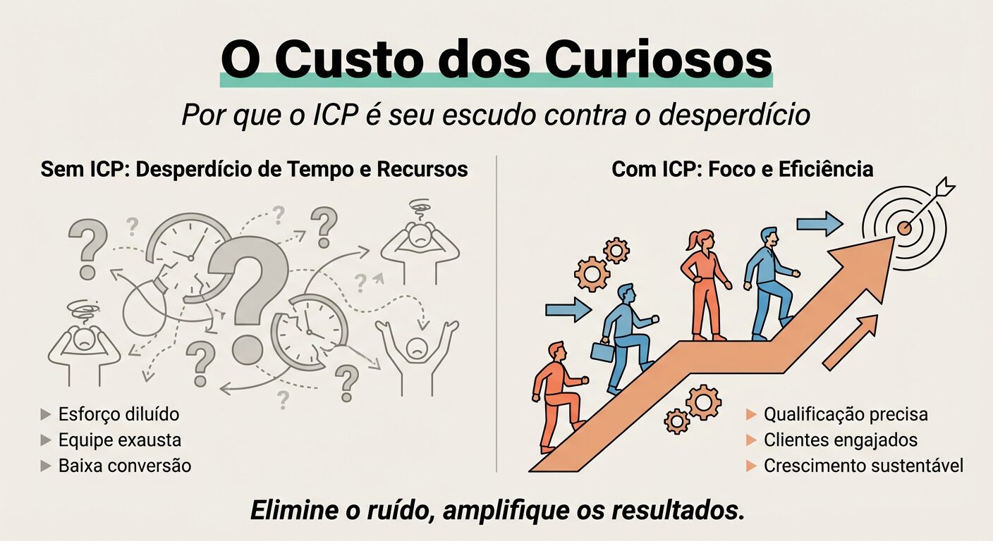Infográfico comparativo. À esquerda, 'Sem ICP', mostrando caos, desperdício de tempo e baixa conversão com ícones cinzas. À direita, 'Com ICP', exibindo foco, eficiência e crescimento sustentável com ícones coloridos. Título: 'O Custo dos Curiosos'. Legenda: 'Elimine o ruído, amplifique os resultados.'