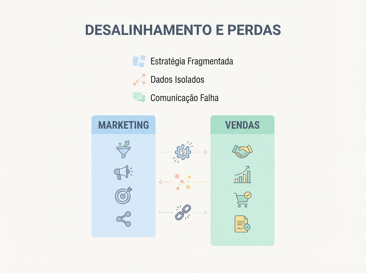 Infográfico minimalista mostrando duas colunas desalinhadas de 'Marketing' e 'Vendas', com o título 'DESALINHAMENTO E PERDAS'. Pontos de falha como 'Estratégia Fragmentada', 'Dados Isolados' e 'Comunicação Falha' são destacados com ícones.