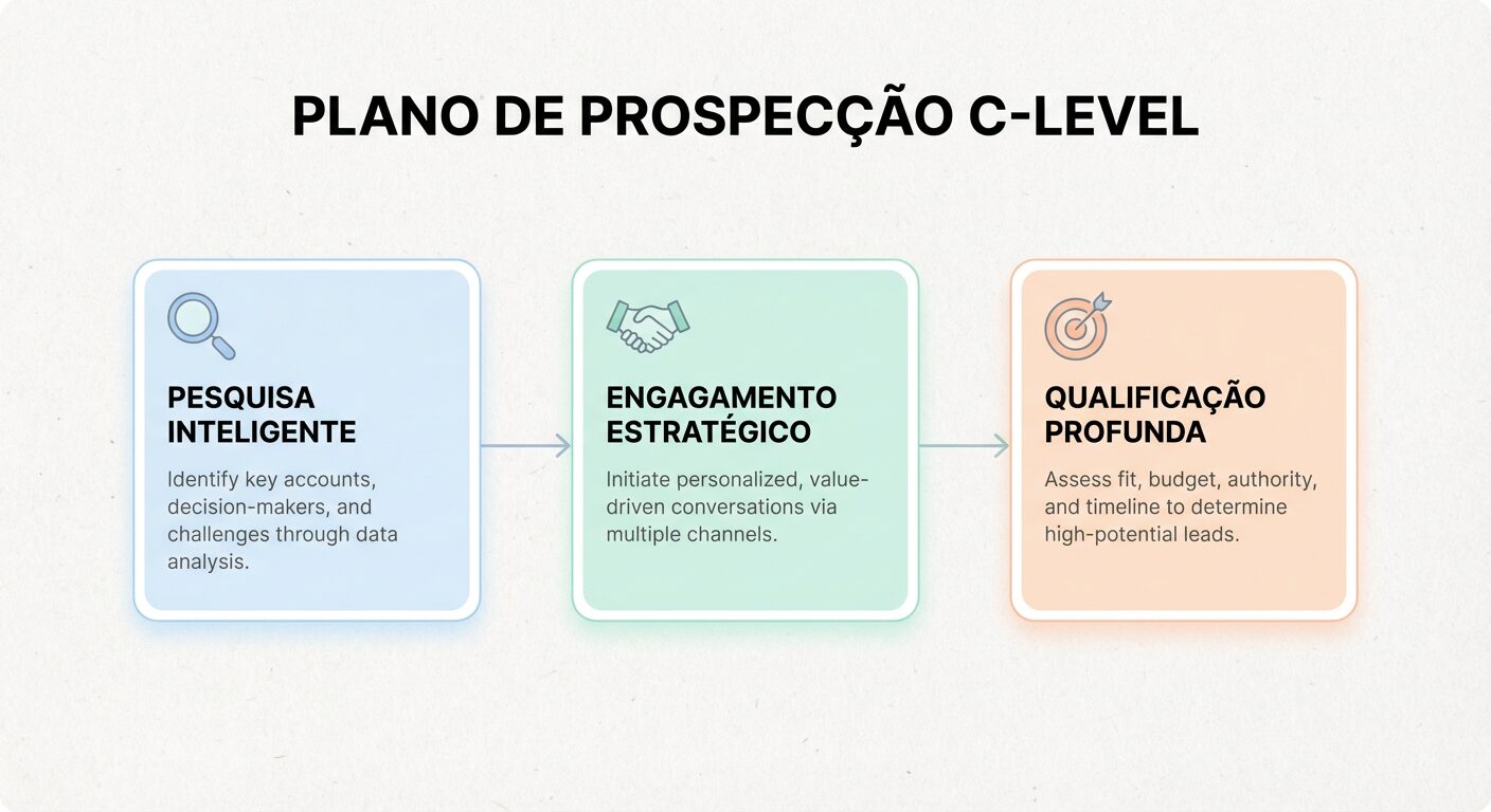 Infográfico minimalista com fundo off-white, exibindo um fluxo de três cards conectados que representam as etapas do plano de prospecção C-Level. Os cards são: 'PESQUISA INTELIGENTE' (com lupa), 'ENGAGAMENTO ESTRATÉGICO' (com aperto de mãos) e 'QUALIFICAÇÃO PROFUNDA' (com alvo). O título principal é 'PLANO DE PROSPECÇÃO C-LEVEL'. As cores são pastel suaves, com linhas finas e design limpo.