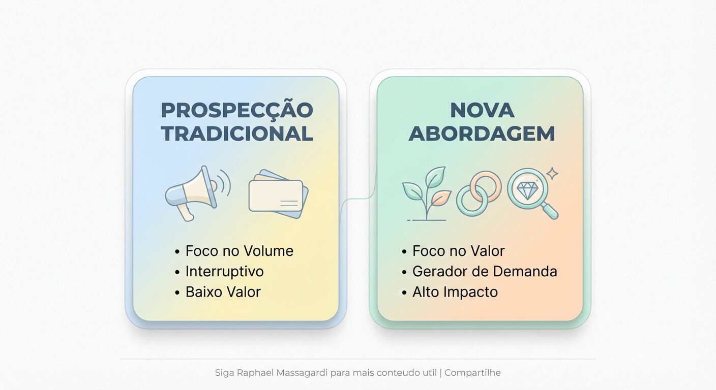 Infográfico comparativo minimalista em tons pastel, contrastando 'Prospecção Tradicional' (foco em volume, interruptiva) com a 'Nova Abordagem' (foco em valor, geradora de demanda) para B2B.