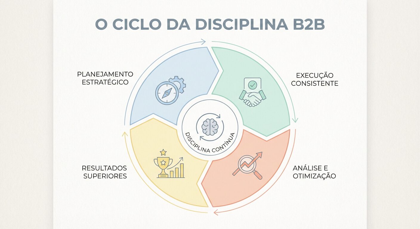 Infográfico circular minimalista em tons pastel, detalhando 'O Ciclo da Disciplina B2B' com etapas como 'Planejamento Estratégico', 'Execução Consistente' e 'Análise e Otimização', em fundo branco.