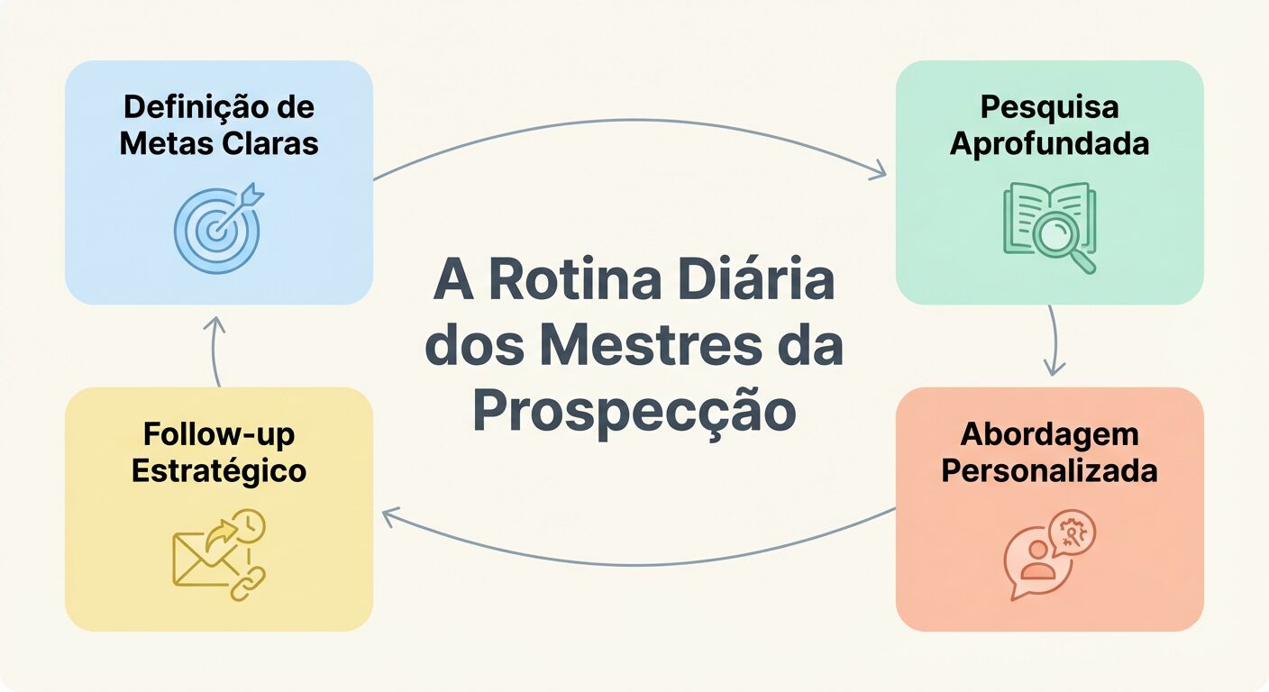Um infográfico minimalista em tons pastel descrevendo 'A Rotina Diária dos Mestres da Prospecção' com quatro cartões conectados por setas: 'Definição de Metas Claras', 'Pesquisa Aprofundada', 'Abordagem Personalizada' e 'Follow-up Estratégico'.