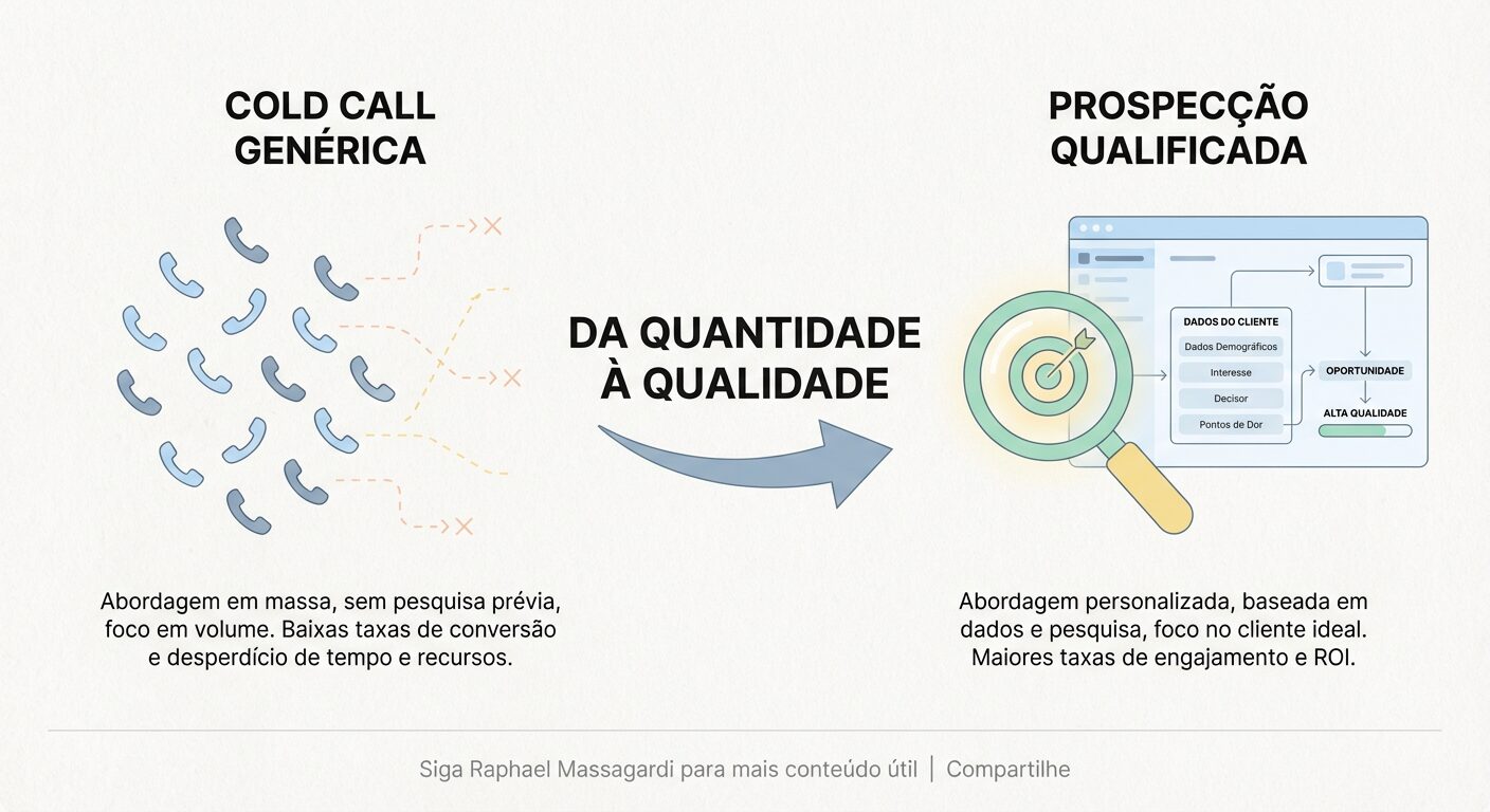 Infográfico minimalista em tons pastel, comparando a 'Cold Call Genérica' e a 'Prospecção Qualificada' no B2B, com ícones de telefone e lupa, destacando a transição de quantidade para qualidade.