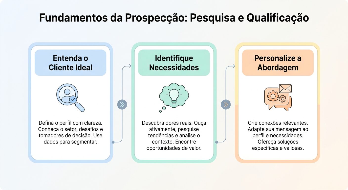 Infográfico minimalista sobre os fundamentos da prospecção B2B, com o título "Fundamentos da Prospecção: Pesquisa e Qualificação", utilizando três cards arredondados e interligados com ícones simples para representar as etapas de pesquisa, identificação de necessidades e personalização, em tons pastel.