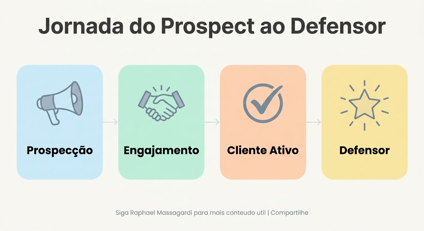 Infográfico minimalista em tons pastel, mostrando uma jornada linear de 4 etapas: Prospecção, Engajamento, Cliente Ativo e Defensor, com ícones abstratos para cada fase.