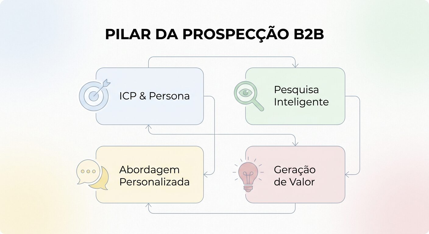 Infográfico minimalista com o título 'Pilar da Prospecção B2B'. Quatro cards arredondados em cores pastel, cada um com um ícone e texto: 'ICP & Persona', 'Pesquisa Inteligente', 'Abordagem Personalizada' e 'Geração de Valor'. Conexões sutis entre os cards em fundo off-white.