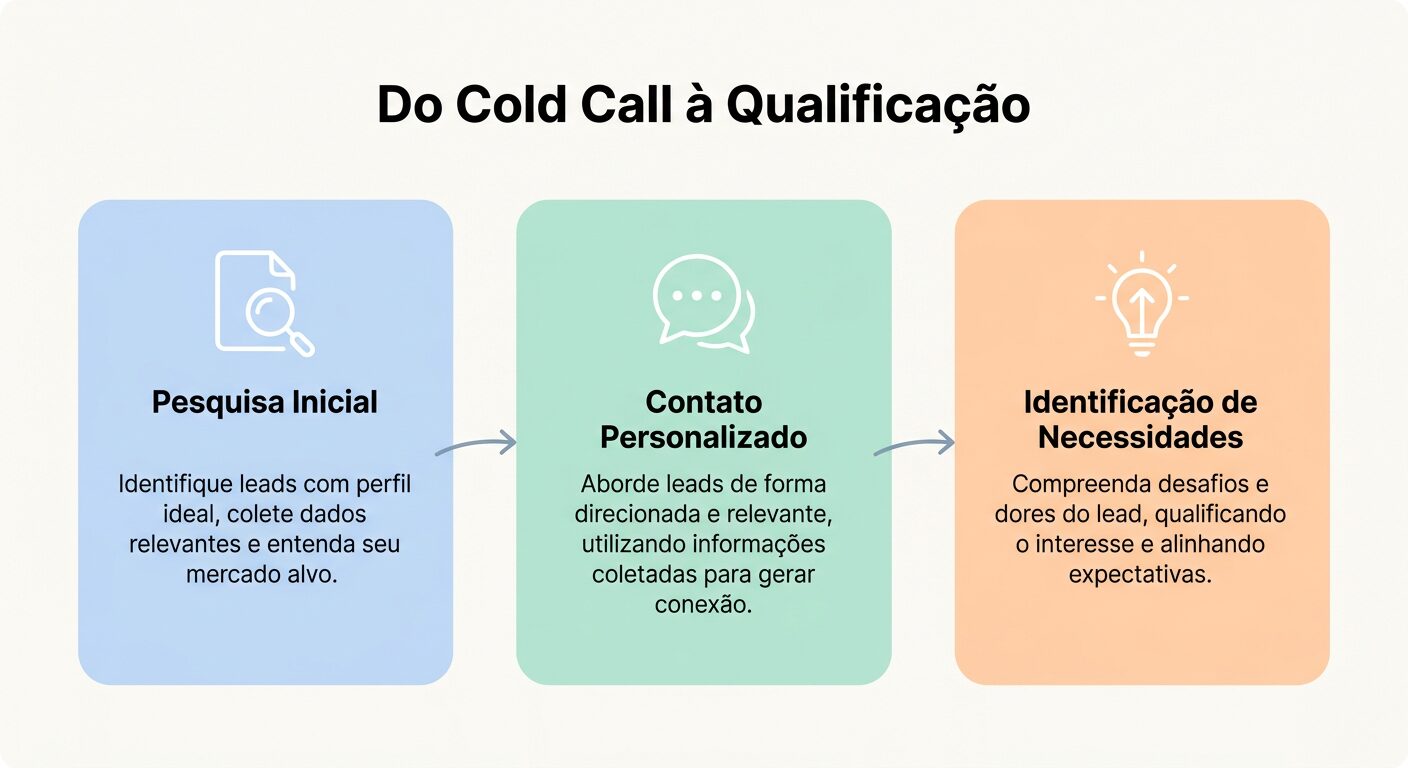 Infográfico minimalista em tons pastel descrevendo as etapas iniciais da prospecção B2B, com cards 'Pesquisa Inicial', 'Contato Personalizado' e 'Identificação de Necessidades', e setas discretas em fundo off-white.