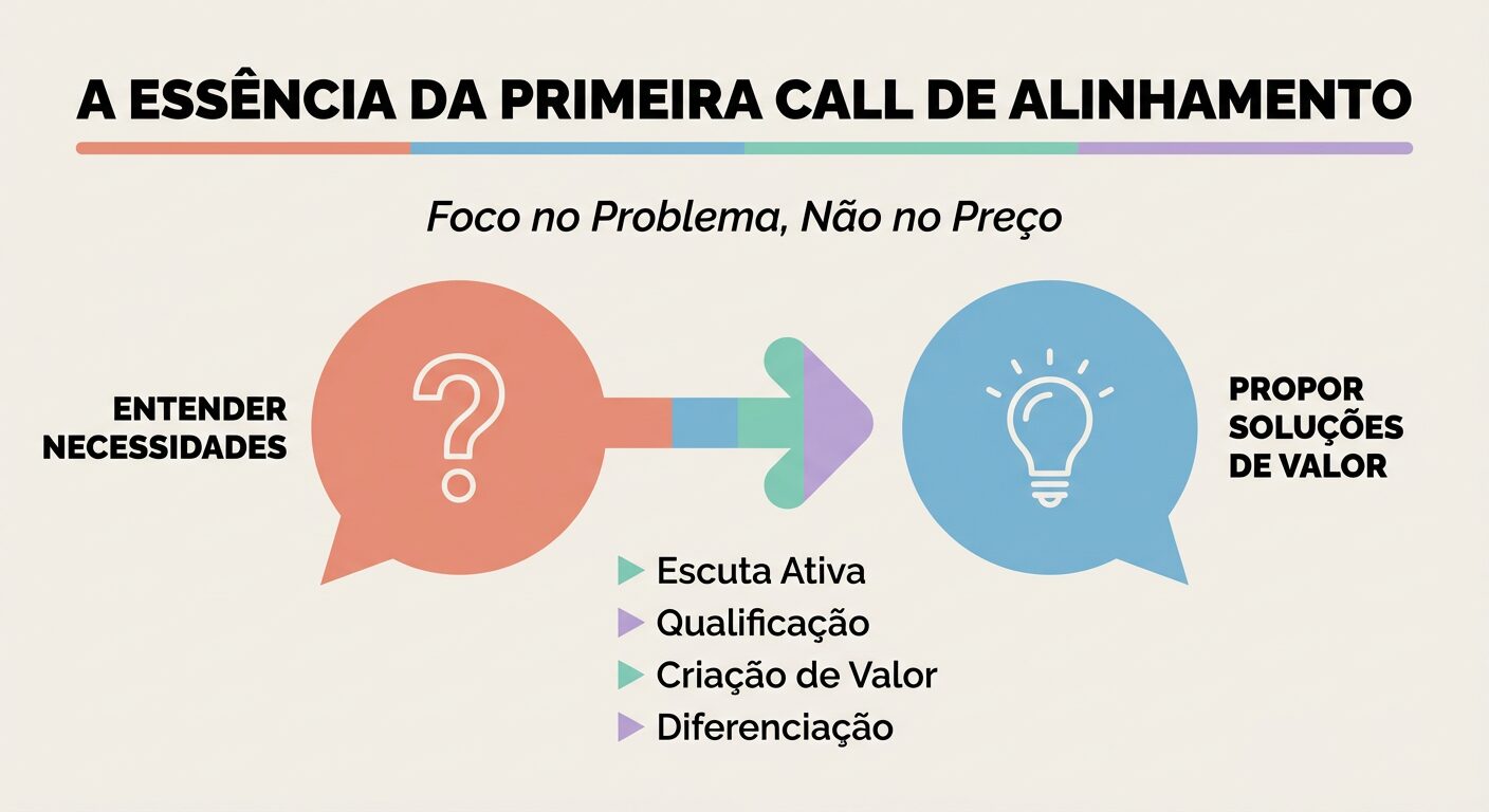 Infográfico educativo intitulado "A Essência da Primeira Call de Alinhamento", destacando a importância de entender as necessidades do cliente e qualificar a oportunidade antes de discutir o preço, com ícones de interrogação e lâmpada, e bullet points sobre escuta ativa e criação de valor.