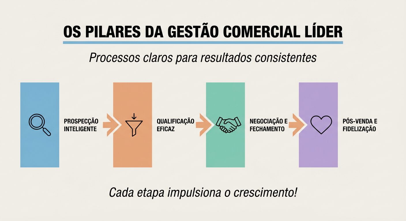 Infográfico ilustrando os quatro pilares de uma gestão comercial líder: Prospecção Inteligente (azul), Qualificação Eficaz (laranja), Negociação e Fechamento (verde-água) e Pós-venda e Fidelização (lilás). Setas conectam os blocos em um fluxo, com ícones representativos.