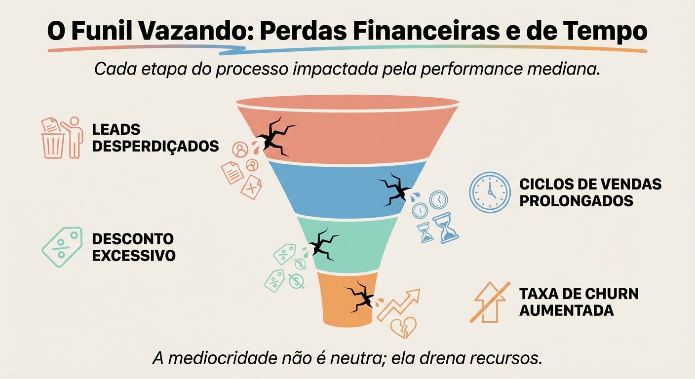 Infográfico educacional em off-white com o título 'O Funil Vazando: Perdas Financeiras e de Tempo'. Um funil de vendas estilizado mostra 'vazamentos' coloridos que representam 'Leads Desperdiçados', 'Ciclos de Vendas Prolongados', 'Desconto Excessivo' e 'Taxa de Churn Aumentada', cada um com um ícone simples e texto em português.