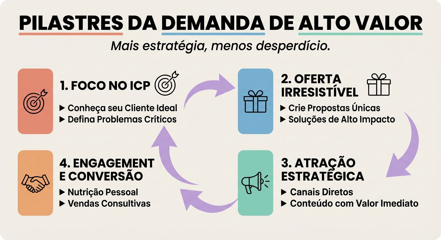 Infográfico educativo detalhando os 'Pilares da Demanda de Alto Valor' em marketing B2B, com quatro etapas principais: Foco no ICP, Oferta Irresistível, Atração Estratégica e Engajamento e Conversão, ilustrado com cores vibrantes e ícones simples.