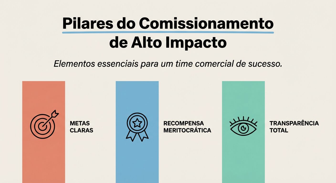 Infográfico com três pilares coloridos: 'METAS CLARAS', 'RECOMPENSA MERITOCRÁTICA' e 'TRANSPARÊNCIA TOTAL', representando os fundamentos de um comissionamento eficaz. O título é 'Pilares do Comissionamento de Alto Impacto'.