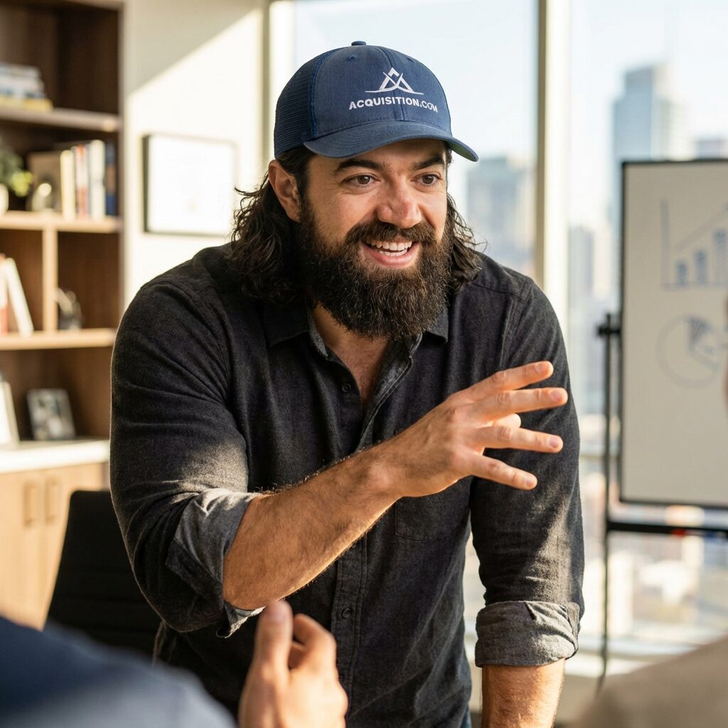 Foto realista de Alex Hormozi, empresário e autor conhecido por suas estratégias de ofertas de valor, em um contexto profissional, ideal para um blog B2B.