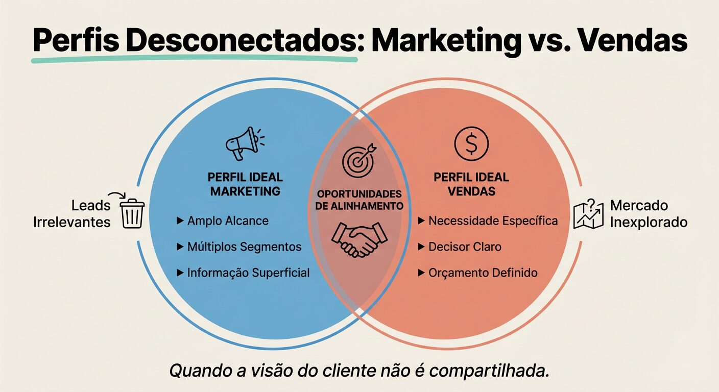 Infográfico educativo em formato de diagrama de Venn, ilustrando o desalinhamento entre o Perfil de Cliente Ideal (ICP) definido pelo marketing e o que o time de vendas consegue fechar. Os círculos 'Perfil Ideal Marketing' e 'Perfil Ideal Vendas' se sobrepõem minimamente, destacando 'Leads Irrelevantes' e 'Mercado Inexplorado'. O título é 'Perfis Desconectados: Marketing vs. Vendas'.