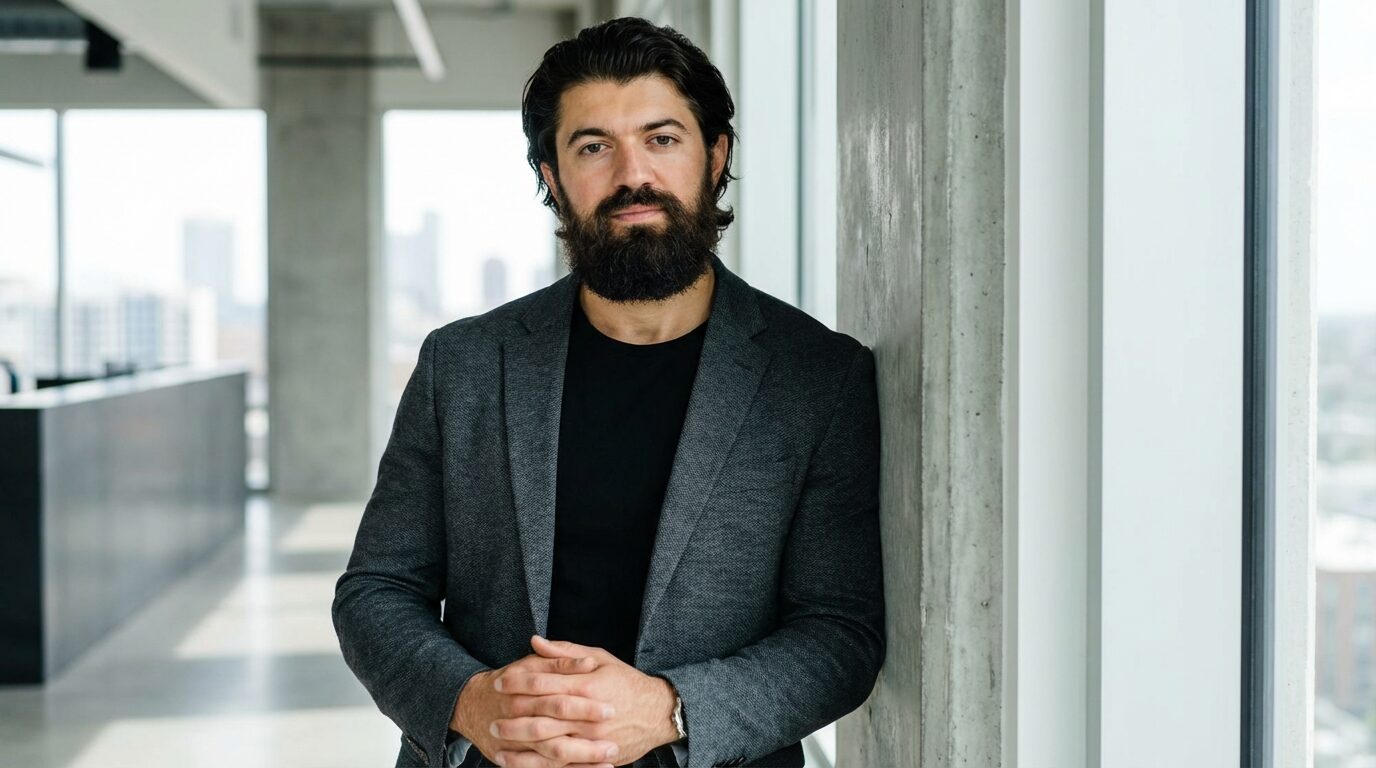 Foto de Alex Hormozi, empreendedor e autor, com uma expressão confiante e profissional. A imagem tem um estilo editorial e é adequada para um blog B2B.