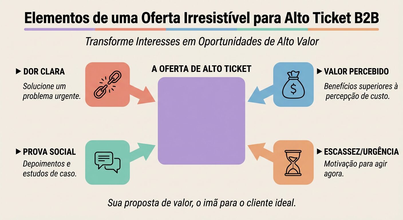 Infográfico apresentando os quatro elementos essenciais de uma oferta irresistível de alto ticket para B2B: Dor Clara, Valor Percebido, Prova Social e Escassez/Urgência, com a oferta centralizada.