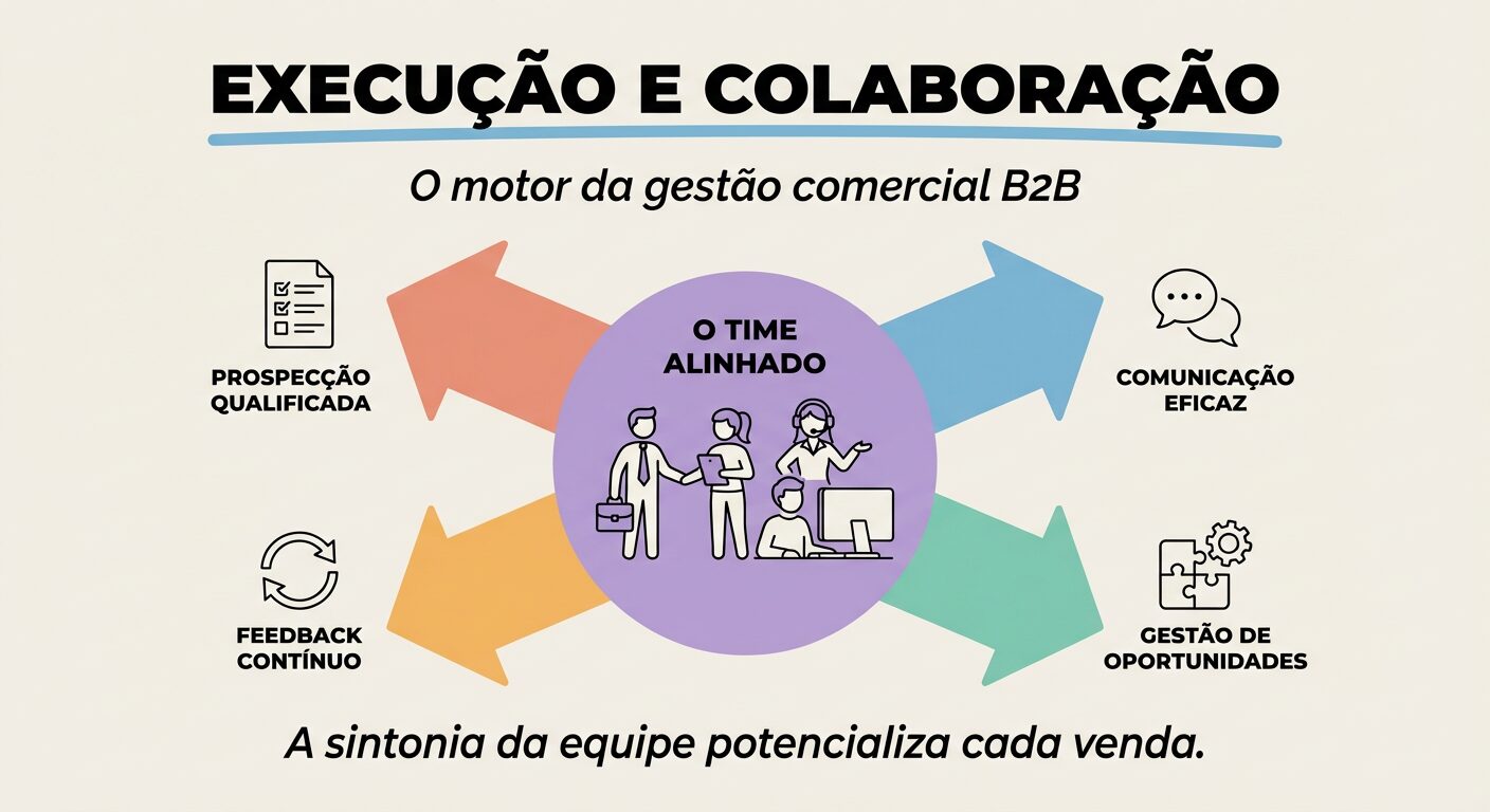 Infográfico educativo sobre execução e colaboração na gestão comercial B2B, com uma equipe central alinhada e quatro pilares irradiando: Prospecção Qualificada, Comunicação Eficaz, Gestão de Oportunidades e Feedback Contínuo. No rodapé, a frase 'A sintonia da equipe potencializa cada venda.' com fundo off-white.