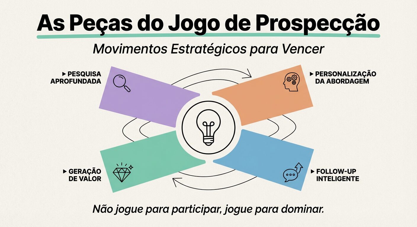 Infográfico detalhando quatro movimentos estratégicos essenciais para prospecção B2B: pesquisa aprofundada, personalização, geração de valor e follow-up inteligente, apresentados como blocos coloridos.