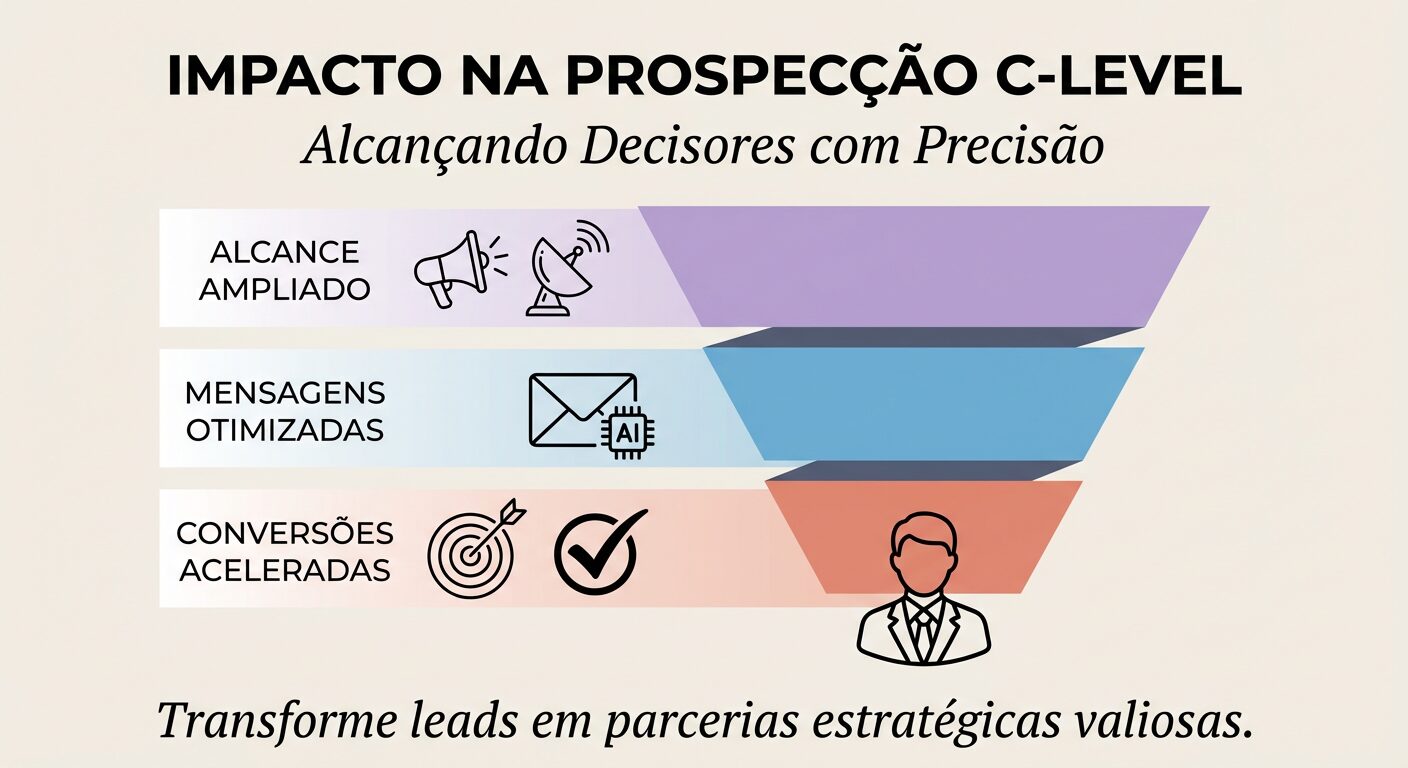 Infográfico em formato de funil detalhando o impacto da automação inteligente na prospecção C-Level, ilustrando alcance ampliado, mensagens otimizadas e conversões aceleradas para atingir decisores.