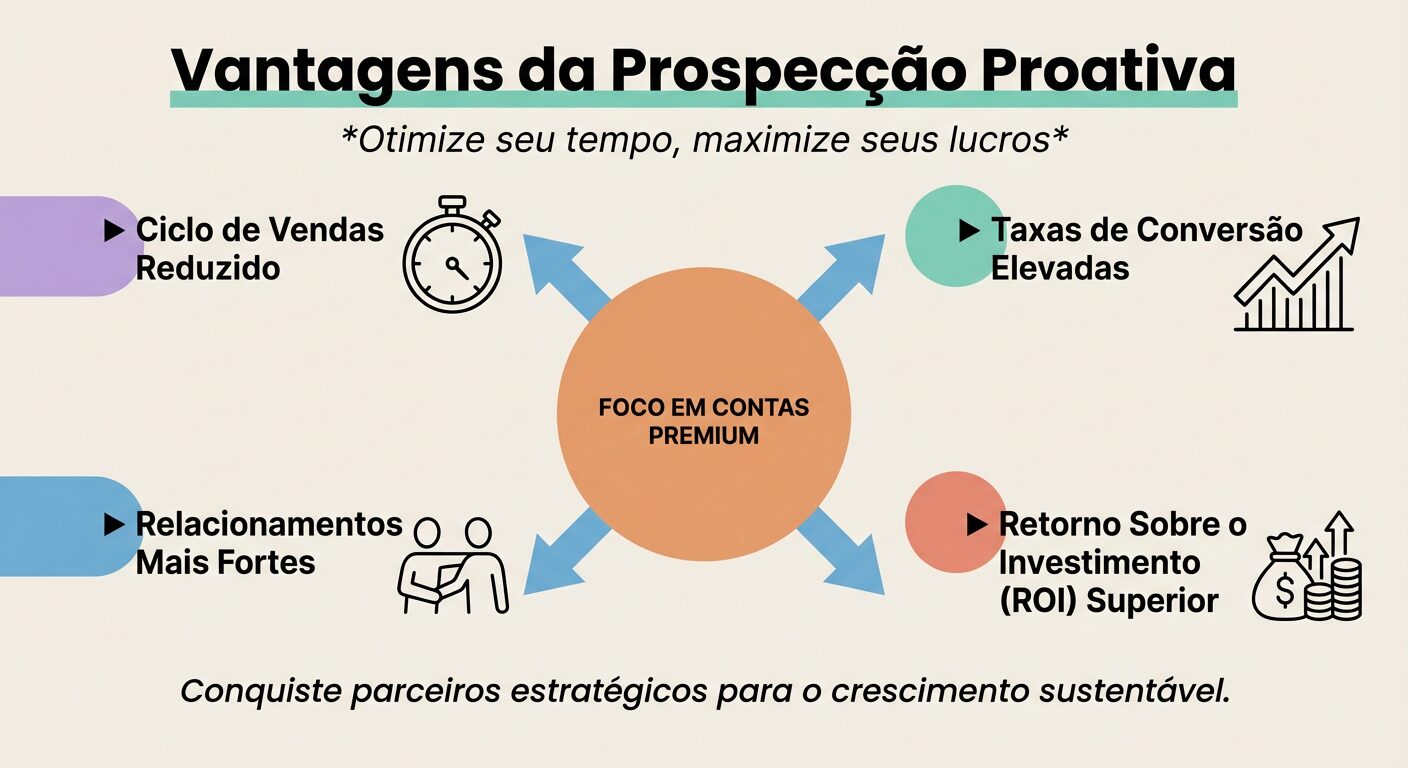 Infográfico listando as vantagens da prospecção B2B proativa. Um círculo central 'Foco em Contas Premium' irradia para 'Ciclo de Vendas Reduzido', 'Taxas de Conversão Elevadas', 'Relacionamentos Mais Fortes' e 'Retorno Sobre o Investimento (ROI) Superior', cada um com ícones ilustrativos. Título 'Vantagens da Prospecção Proativa'.