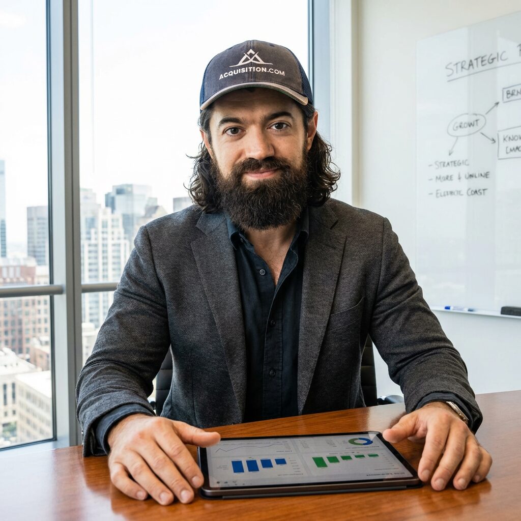 Fotografia realista de Alex Hormozi, empresário e autor, em um contexto profissional, ideal para artigos sobre estratégias de negócios e ofertas de alto impacto.