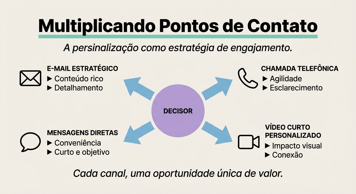 Um infográfico educativo com fundo off-white. O título é 'Multiplicando Pontos de Contato' com subtítulo *A personalização como estratégia de engajamento.* Um círculo lilás central com a palavra 'DECISOR' é cercado por quatro setas azuis que apontam para blocos de texto: 'E-MAIL ESTRATÉGICO', 'CHAMADA TELEFÔNICA', 'MENSAGENS DIRETAS' e 'VÍDEO CURTO PERSONALIZADO', cada um com bullet points e um ícone. A frase de impacto é: *Cada canal, uma oportunidade única de valor.*