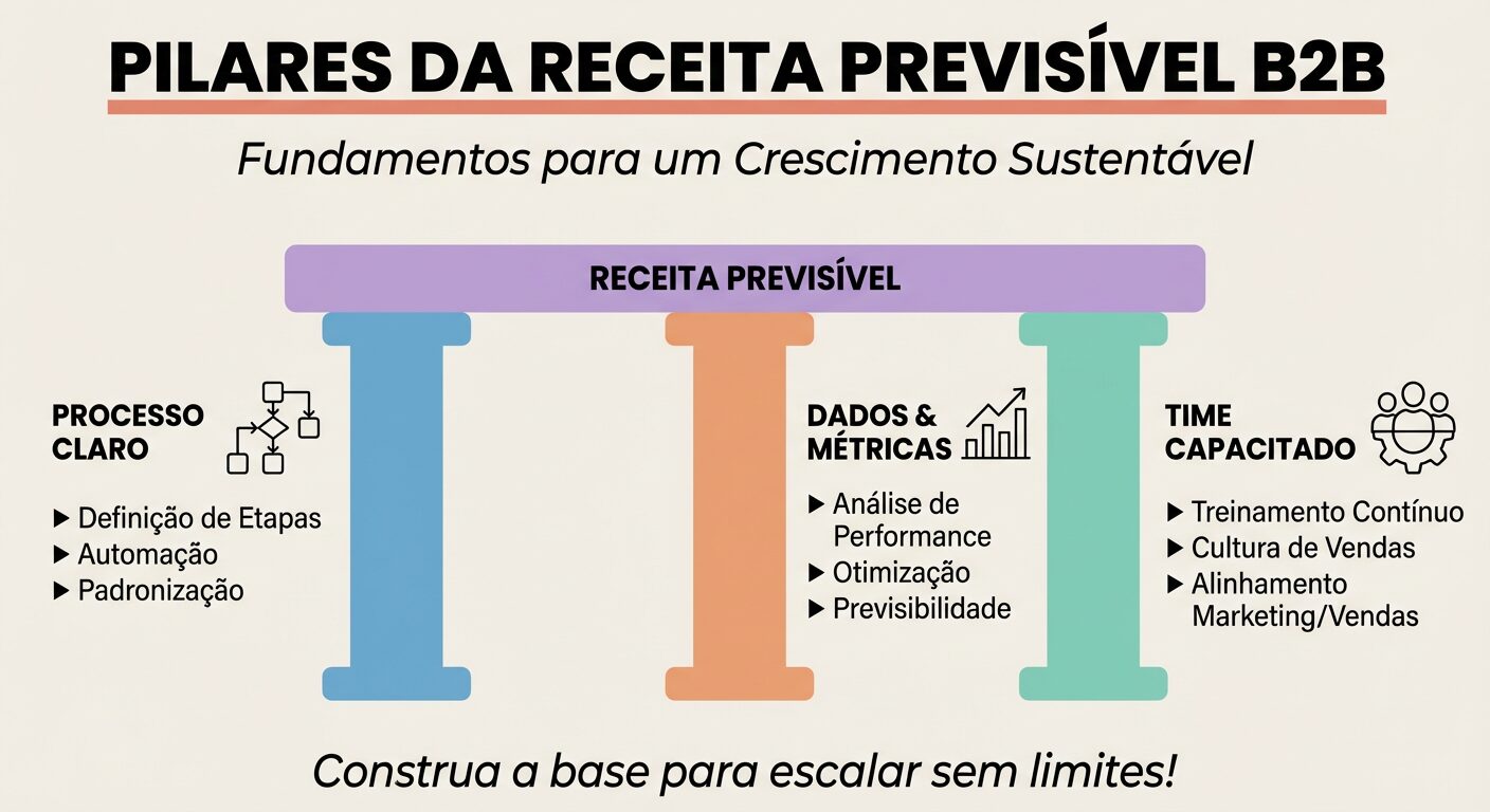 Infográfico que ilustra os pilares fundamentais da receita previsível B2B, incluindo processo claro, dados e métricas, e time capacitado, sustentando um crescimento de vendas robusto e sustentável.