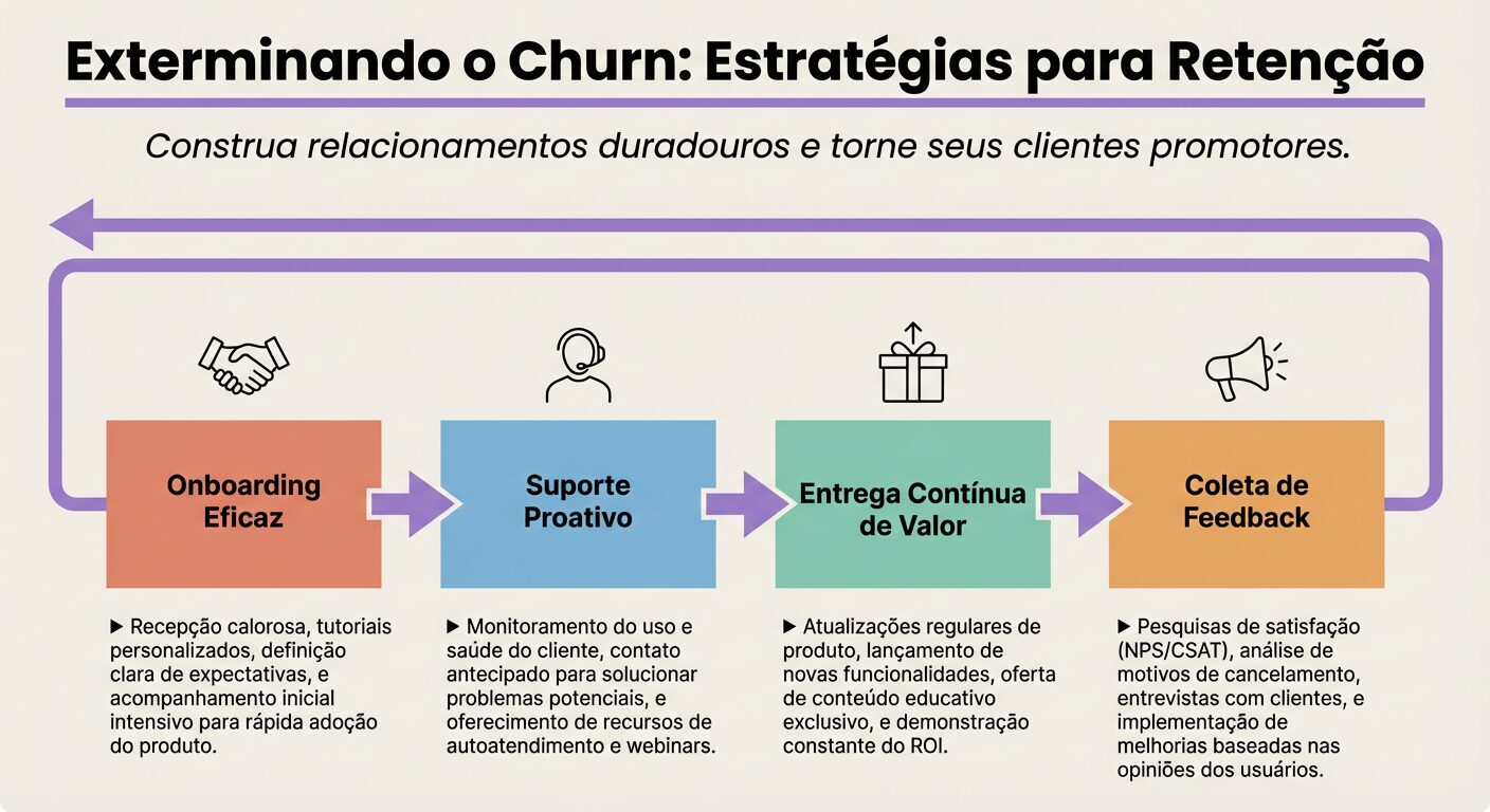 Infográfico educativo apresentando estratégias-chave para a retenção de clientes B2B e como exterminar o churn, como onboarding eficaz, suporte proativo, entrega de valor e coleta de feedback. O título é 'Exterminando o Churn: Estratégias para Retenção'.