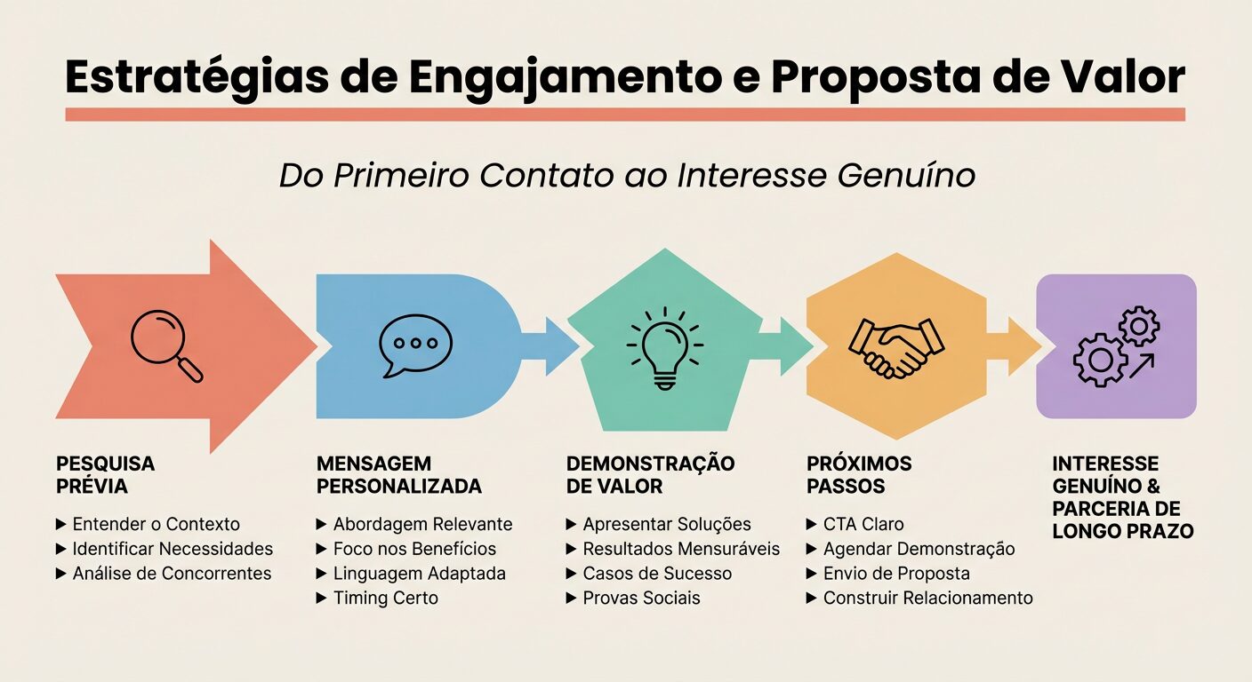 Infográfico educativo em fundo off-white detalhando estratégias de engajamento e proposta de valor na prospecção B2B, com um fluxo sequencial de pesquisa, mensagem personalizada, valor e próximos passos.