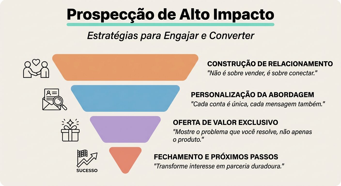 Infográfico em formato de funil intitulado "Prospecção de Alto Impacto", ilustrando as etapas estratégicas de engajamento e conversão: Construção de Relacionamento, Personalização da Abordagem, Oferta de Valor Exclusivo e Fechamento e Próximos Passos, com frases de impacto e cores sólidas sobre um fundo off-white.