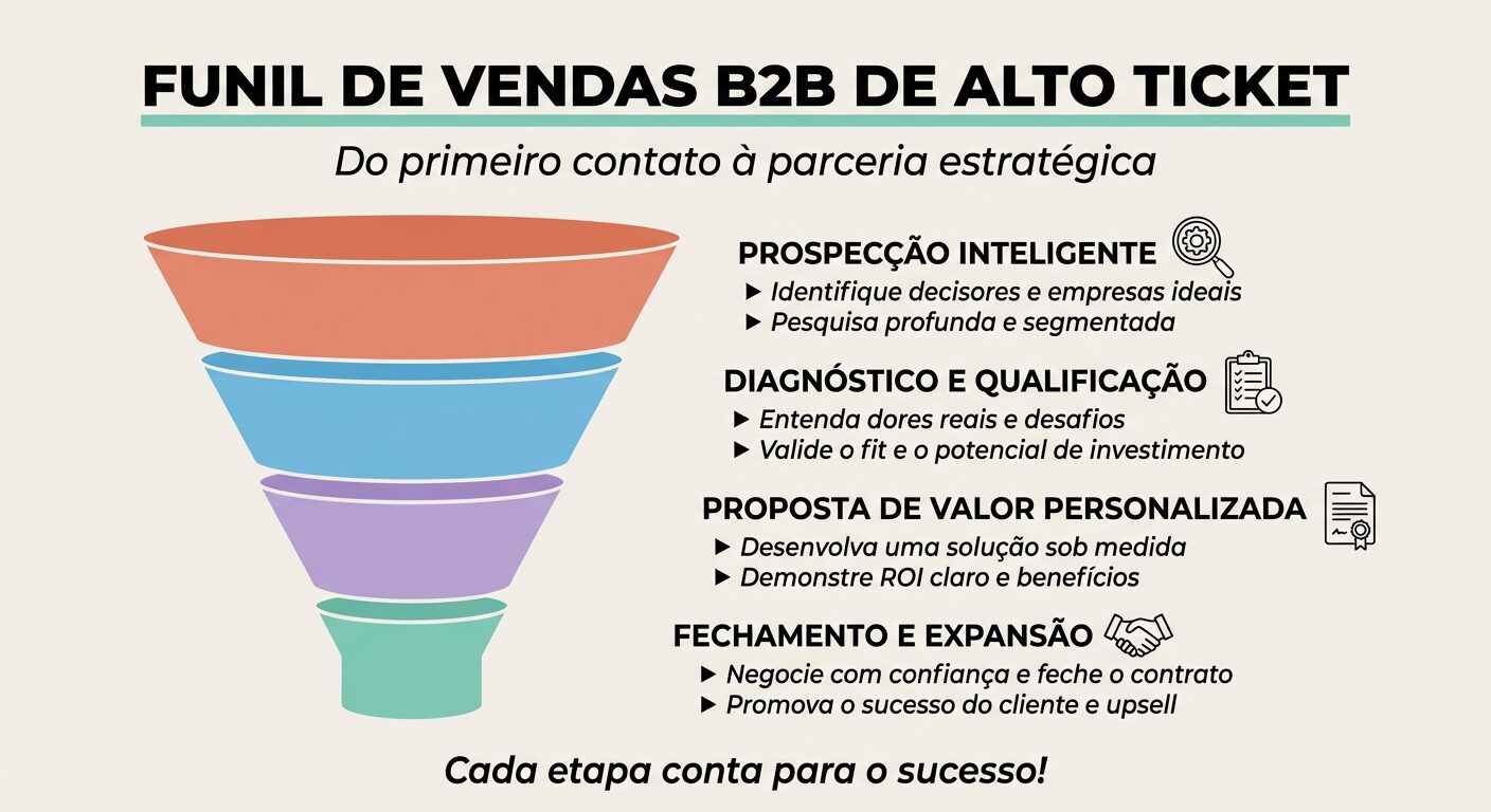 Infográfico educacional em forma de funil de vendas B2B de alto ticket, ilustrando as etapas de prospecção inteligente, diagnóstico, proposta de valor personalizada e fechamento e expansão.
