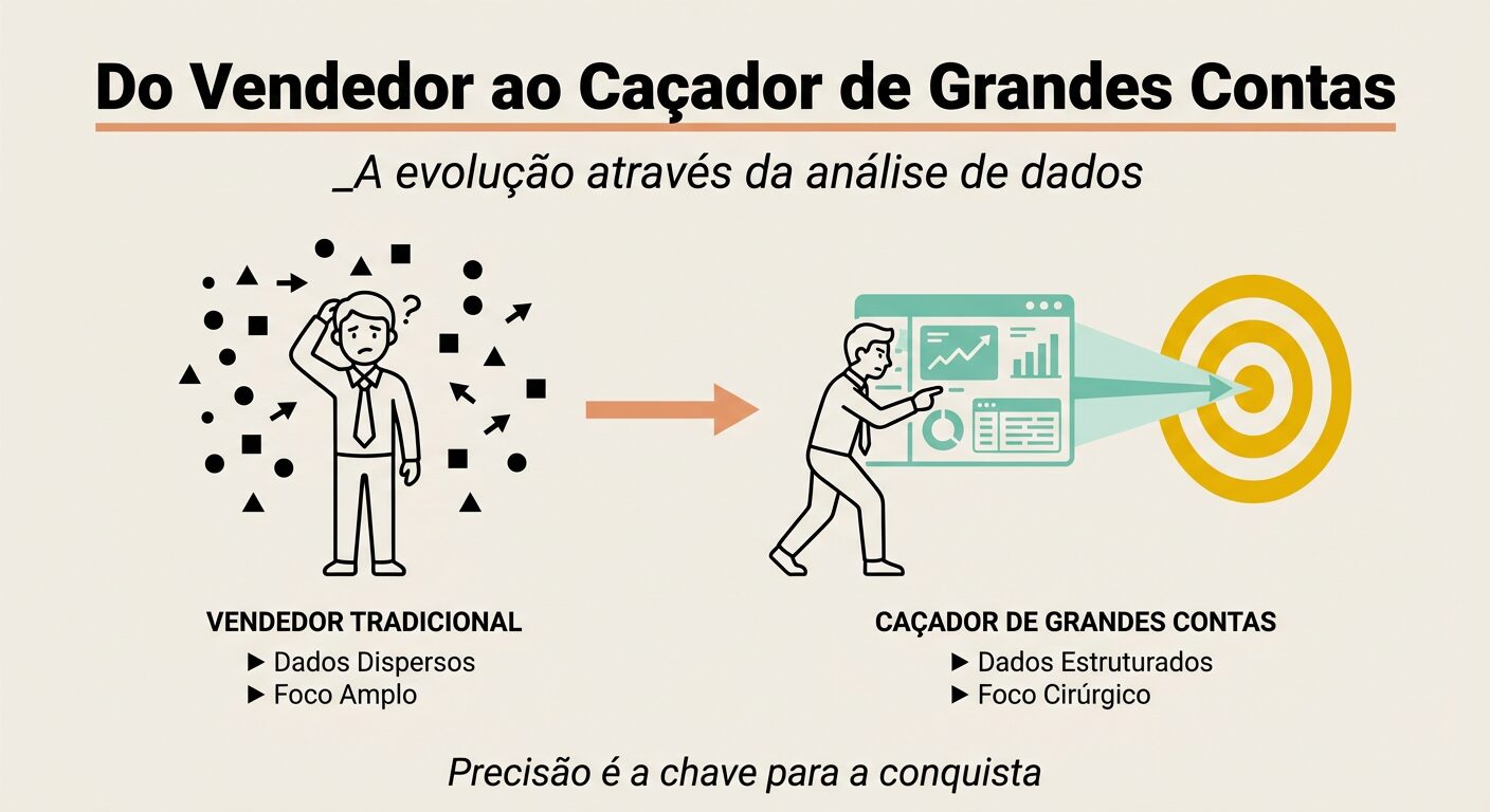Infográfico intitulado 'Do Vendedor ao Caçador de Grandes Contas', mostrando a transformação de um vendedor tradicional (com dados dispersos) para um caçador de grandes contas (com dados estruturados e foco cirúrgico), usando um painel de controle como ferramenta.