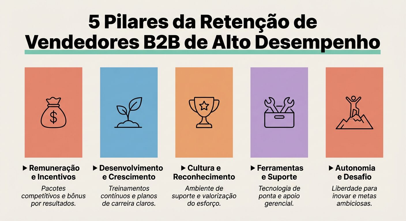 Infográfico com 5 pilares coloridos detalhando estratégias de retenção para vendedores B2B, incluindo remuneração, desenvolvimento, cultura, ferramentas e autonomia.