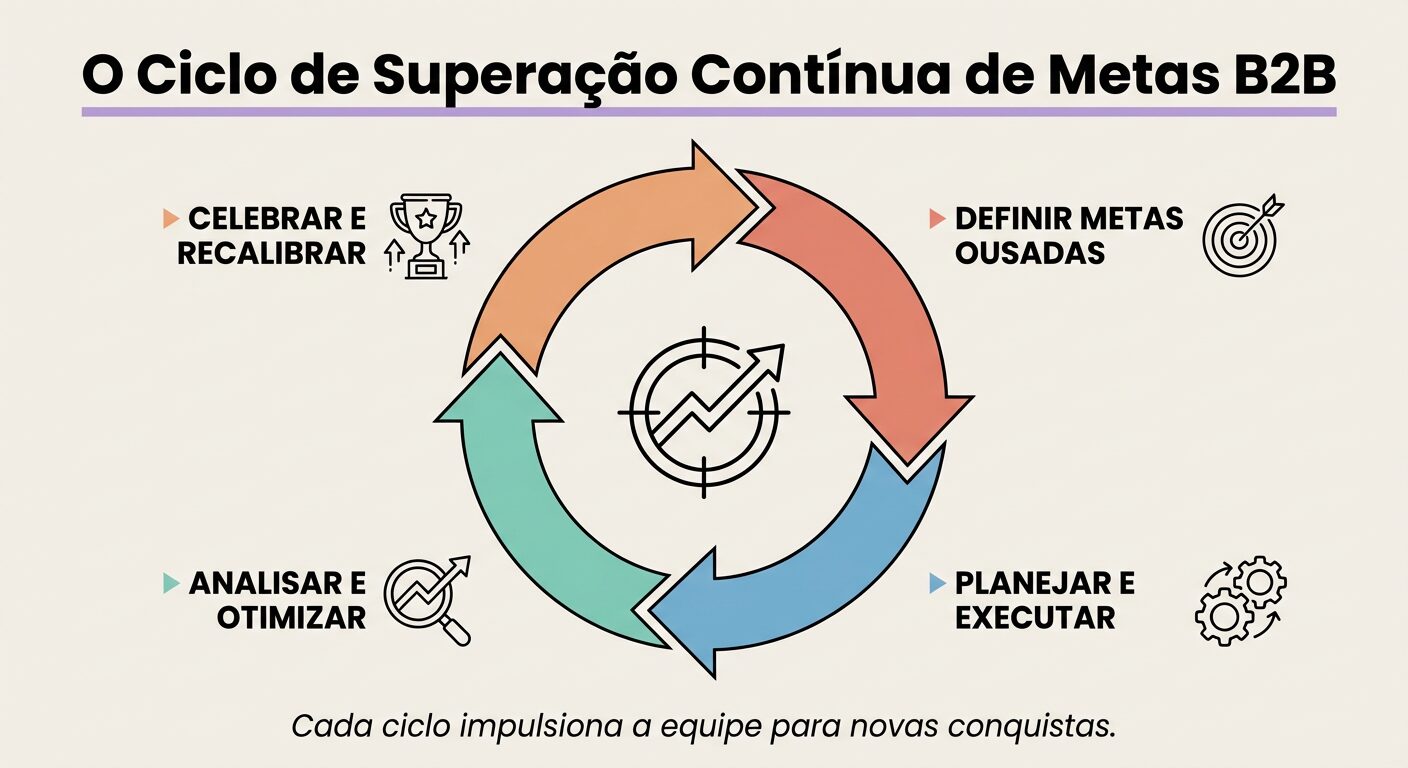 Infográfico educacional em formato de ciclo sobre a superação contínua de metas B2B, com etapas como Definir Metas Ousadas, Planejar e Executar, Analisar e Otimizar, e Celebrar e Recalibrar. Título: O Ciclo de Superação Contínua de Metas B2B.