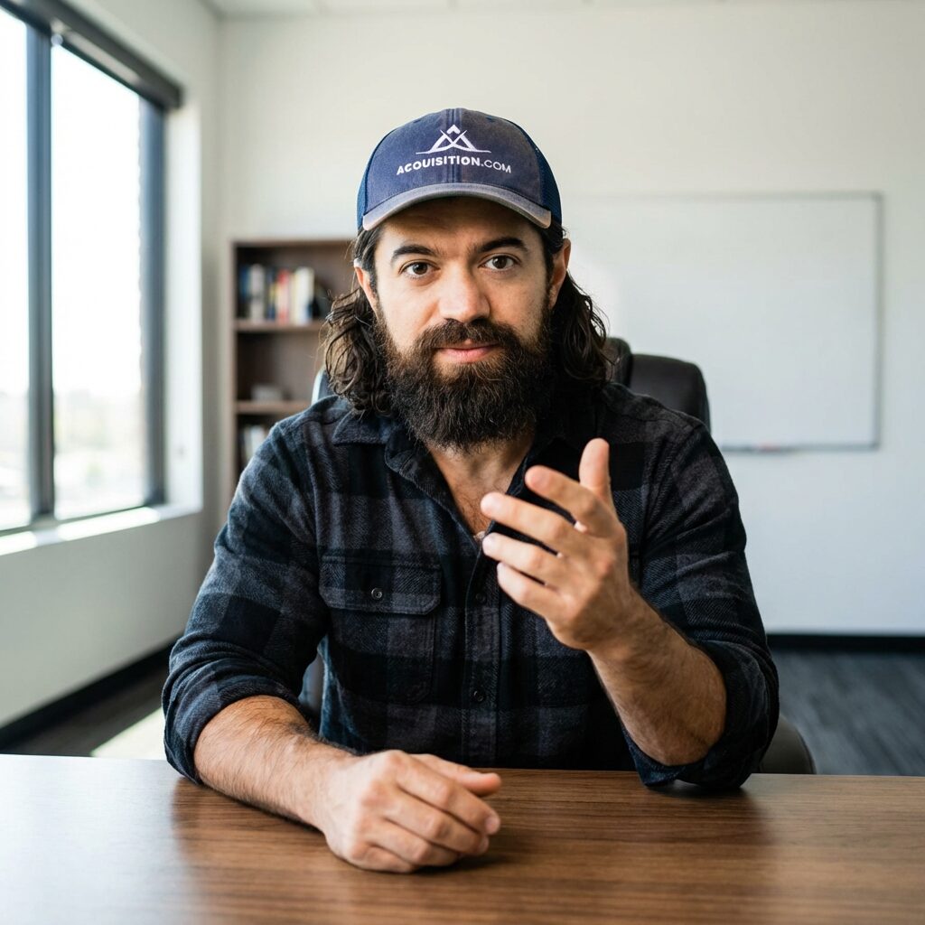 Retrato editorial de Alex Hormozi, autor e especialista em vendas e negócios, com um visual profissional e confiante, adequado para um blog B2B.