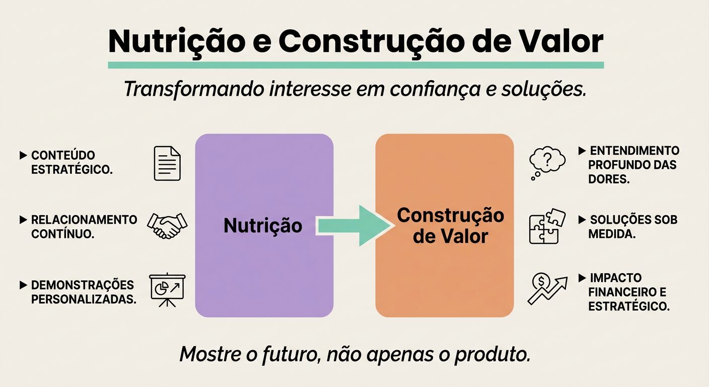 Um infográfico educativo que detalha a fase de nutrição e construção de valor em vendas de alto valor, enfatizando a importância do relacionamento, conteúdo estratégico e soluções personalizadas para o cliente.