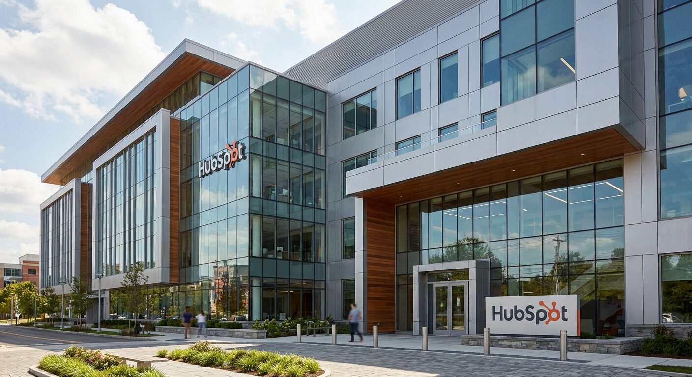 Fotografia editorial de alta resolução da fachada de um moderno edifício de escritórios, simbolizando a sede da HubSpot, com sua arquitetura contemporânea e identidade visual corporativa, sob luz natural. A imagem transmite a presença de uma grande empresa de tecnologia, ligada ao Inbound Marketing.