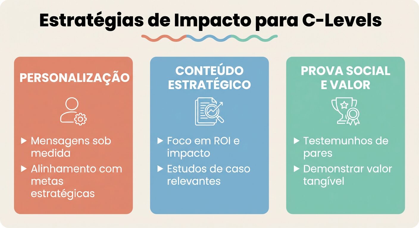 Infográfico educacional 'Estratégias de Impacto para C-Levels' apresentando três pilares principais: Personalização, Conteúdo Estratégico e Prova Social e Valor. Cada pilar detalha táticas para engajar decisores B2B, com ícones e texto em português sobre um fundo off-white.