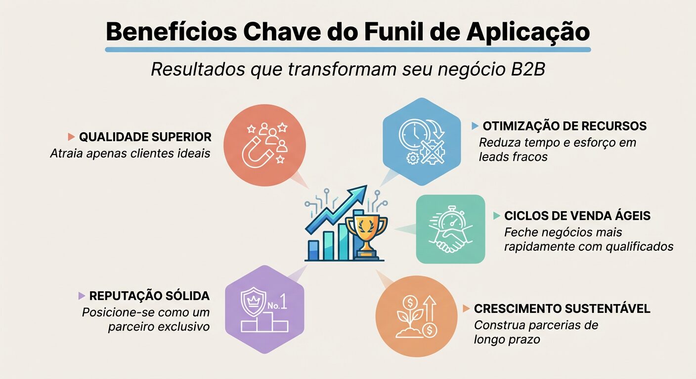Infográfico com um ícone central de sucesso empresarial, do qual irradiam cinco blocos coloridos (salmão, azul, água, laranja, lilás) sobre fundo off-white, cada um destacando um benefício. Título 'Benefícios Chave do Funil de Aplicação'. Benefícios incluem 'QUALIDADE SUPERIOR', 'OTIMIZAÇÃO DE RECURSOS', 'CICLOS DE VENDA ÁGEIS', 'CRESCIMENTO SUSTENTÁVEL' e 'REPUTAÇÃO SÓLIDA', cada um com uma frase de impacto em itálico.