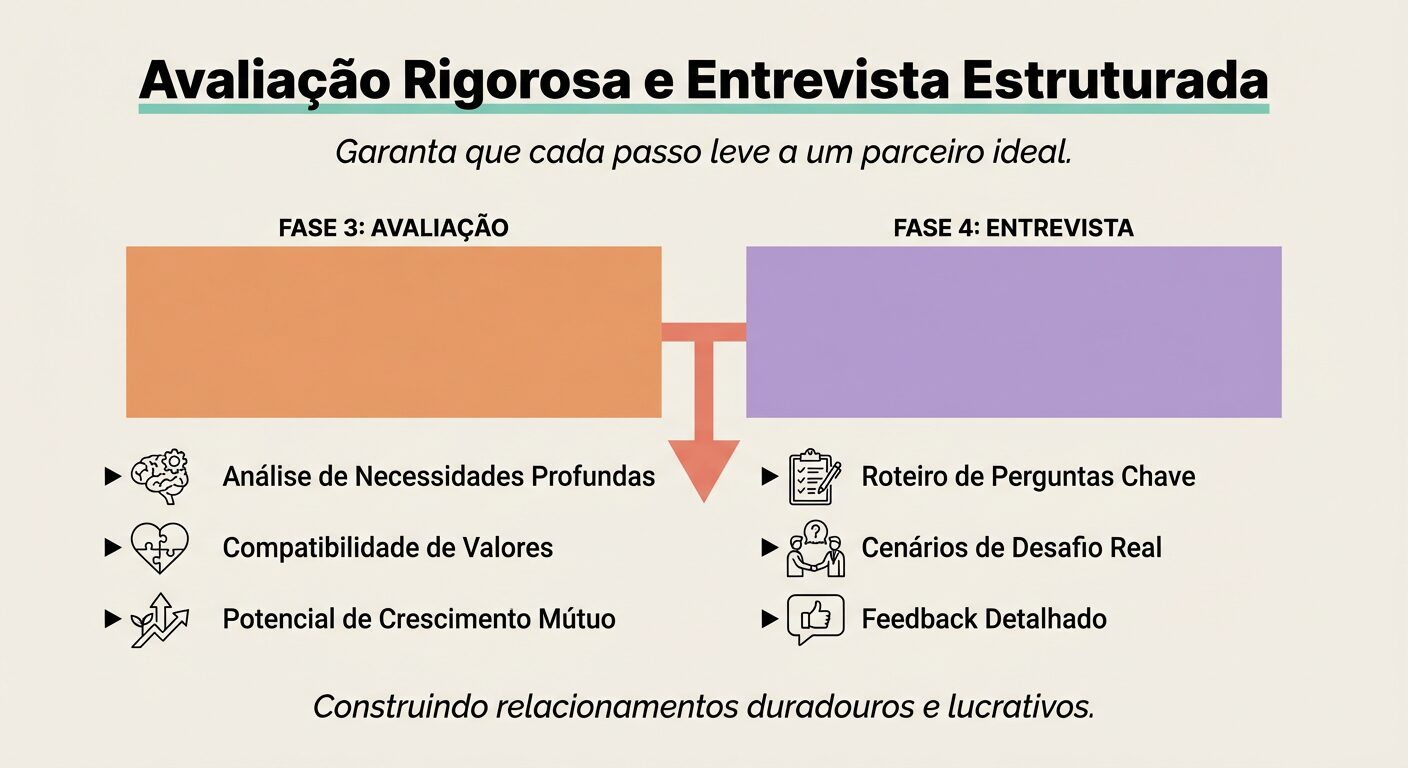 Infográfico educativo em tons pastel, com o título "Avaliação Rigorosa e Entrevista Estruturada" e subtítulo "Garanta que cada passo leve a um parceiro ideal". Detalha as fases de Avaliação, com análise de necessidades e compatibilidade; e Entrevista, com roteiro de perguntas e cenários de desafio. Possui ícones simples e texto em português.