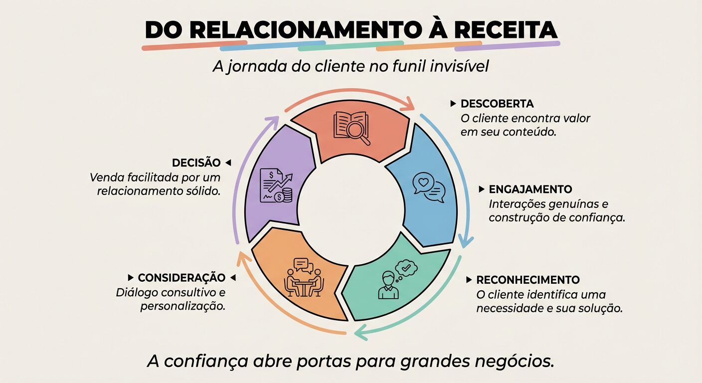 Infográfico educacional em off-white com um diagrama de fluxo circular em tons pastel, detalhando a jornada do cliente do relacionamento à receita. Os estágios incluem Descoberta, Engajamento, Reconhecimento, Consideração e Decisão, com uma frase de impacto sobre a importância da confiança.